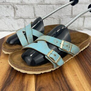 Birkenstock Yao Suede Leather Washed Metalic Aqua Womens 9 EU 40 Narrow Sandals